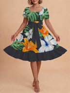 Damen A-Linien-Kleid mit floralen Motiven und taillierbarem Gürtel EB
