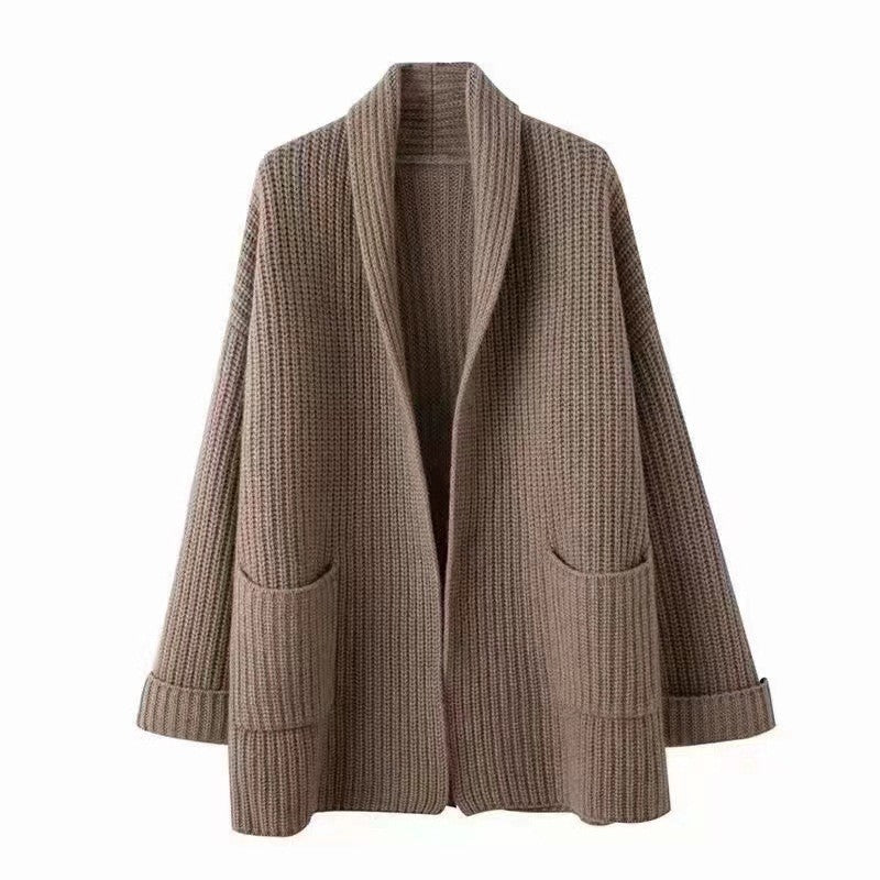 Damen Grobstrick Cardigan mit eleganten Revers und Taillengürtel EB