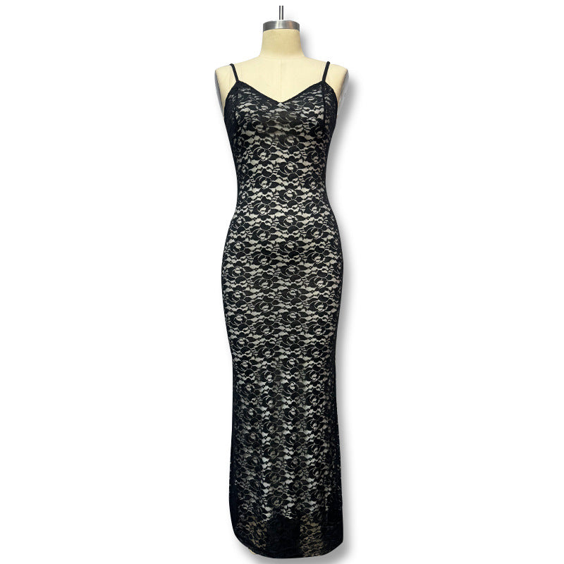 Damen Elegantes Maxikleid mit feiner Spitze und V-Ausschnitt EB