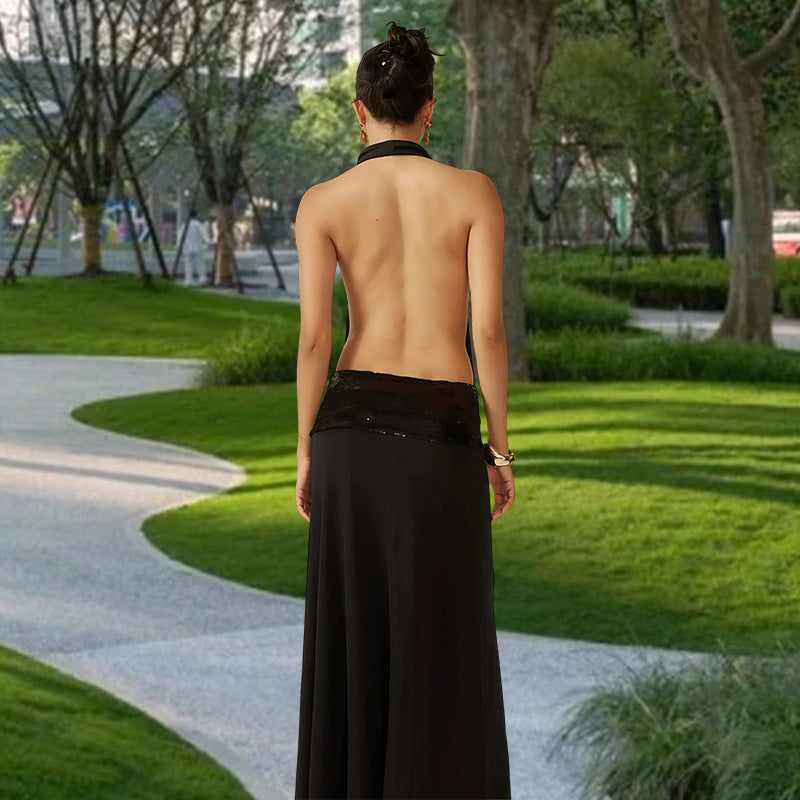 Damen Abendkleid mit schickem Wasserfallausschnitt und glitzerndem Taillenelement EB
