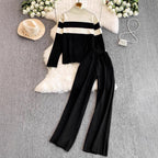 Damen modisches Strick-Loungewear-Set mit hohem Kragen und breiten Streifen EB