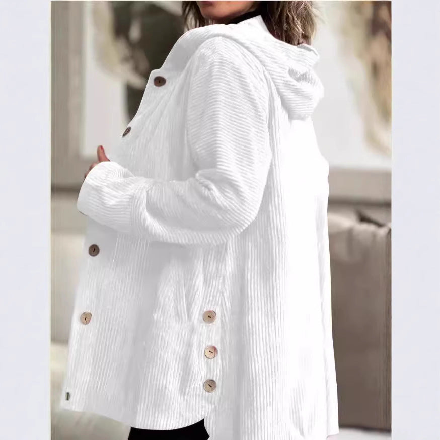 Damen Fleece-Hoodie-Mantel mit Knopfleiste und geripptem Design EB