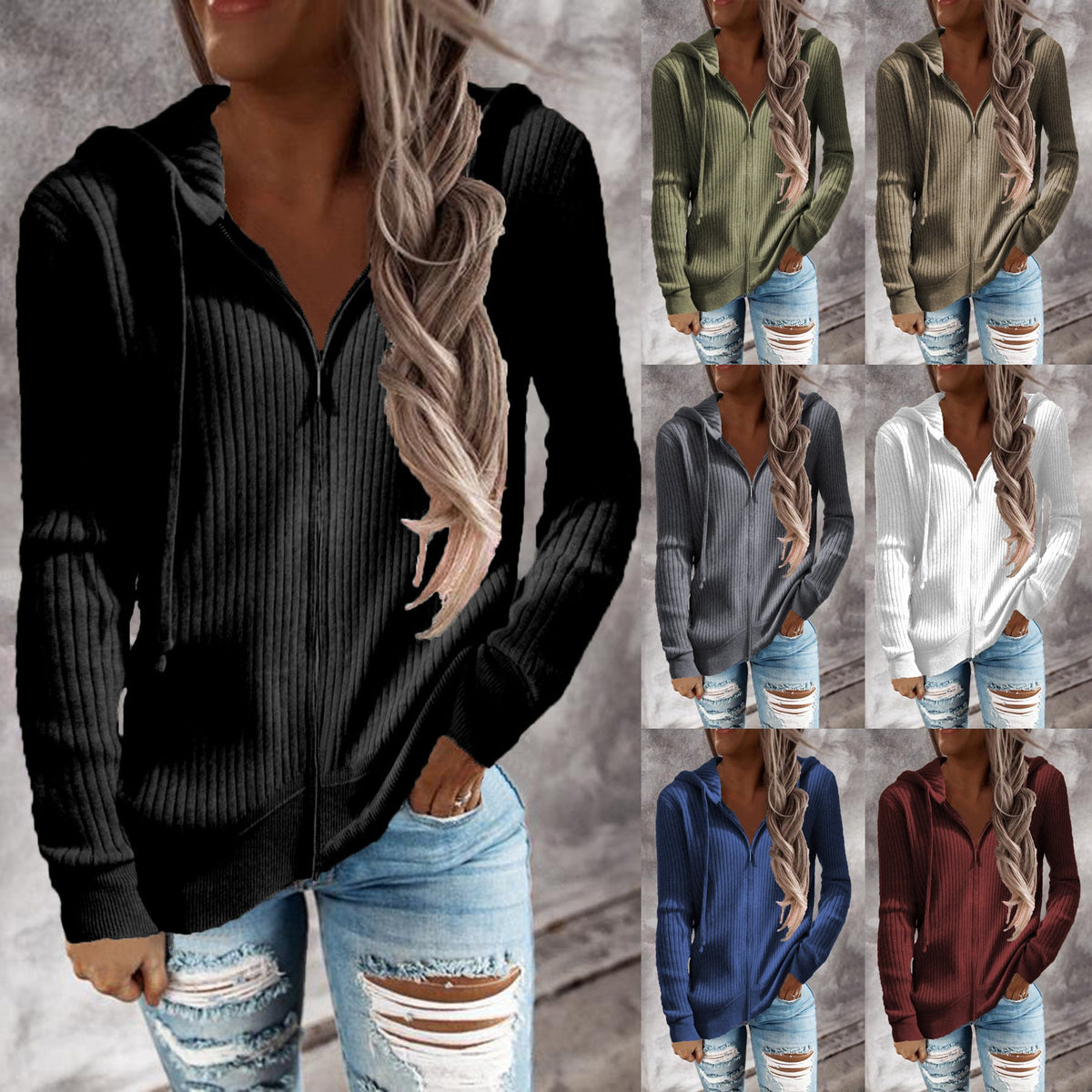 Damen Kapuzenjacke im modernen Rippenstrickdesign mit Taschen EB