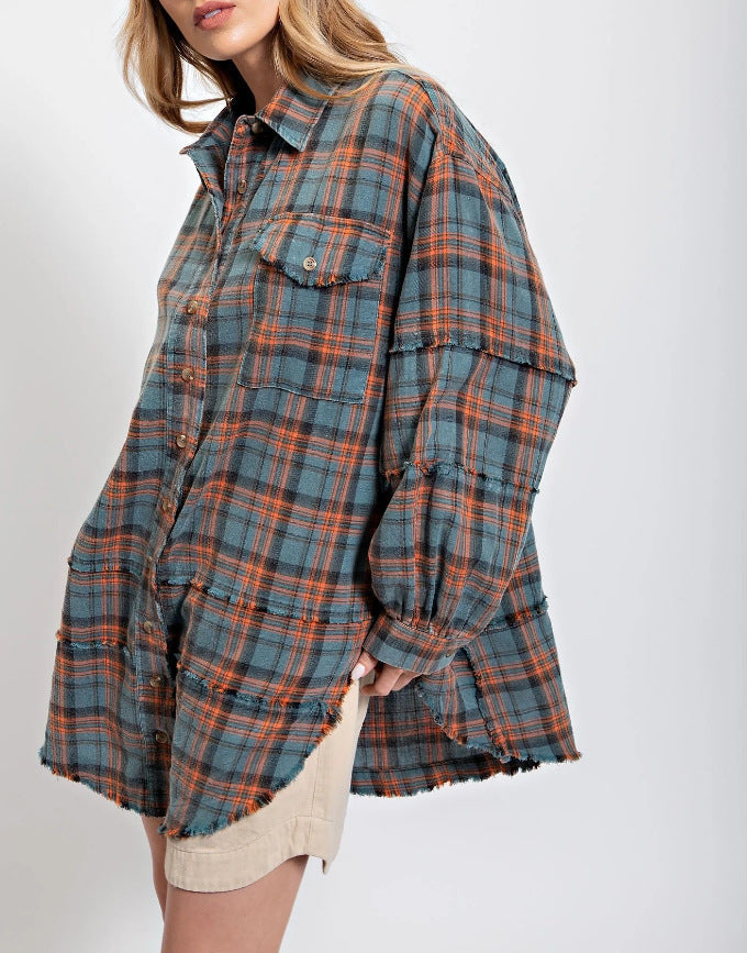 Damen karierte Oversized-Hemdjacke EB