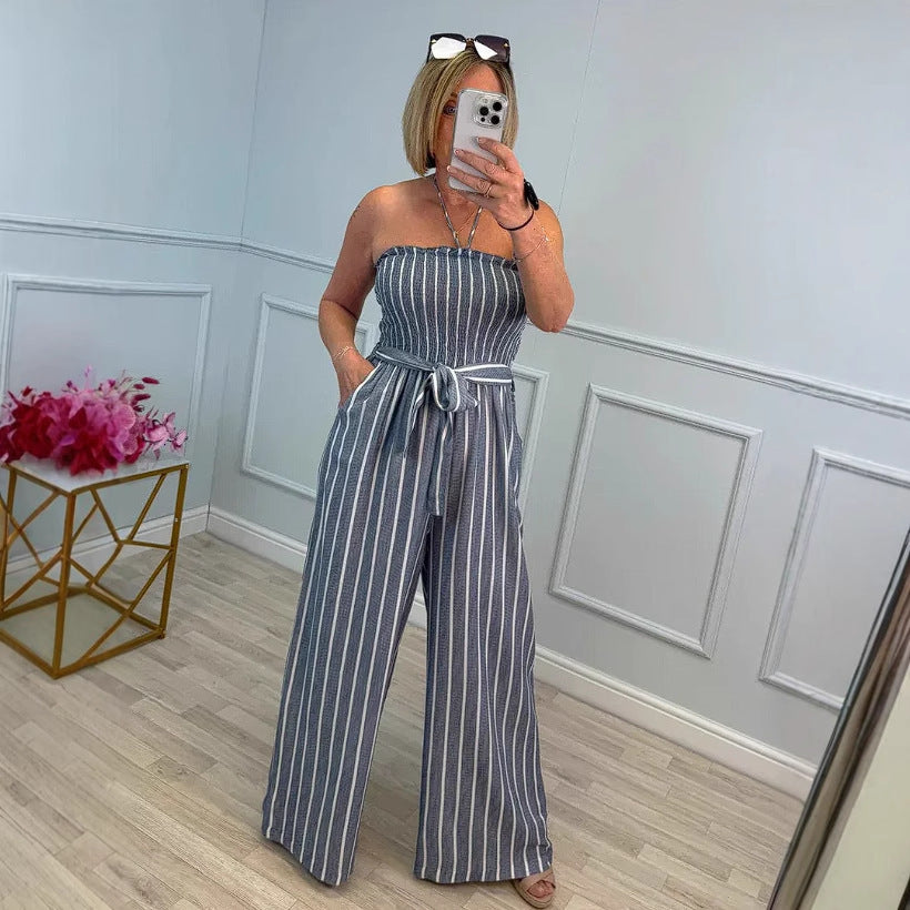 Damen Bandeau Jumpsuit mit weitem Bein und Bindegürtel EB