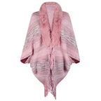 Damen eleganter Poncho mit luxuriösem Kunstfellkragen und fransigem Saum EB