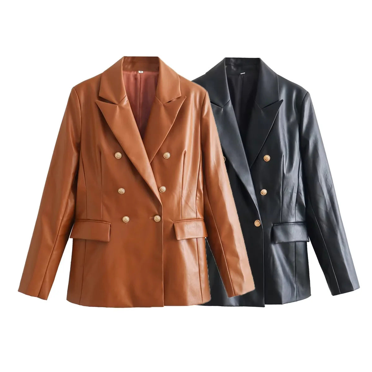 Damen elegante Kunstleder-Blazerjacke mit doppelter Knopfleiste und goldenen Akzenten EB
