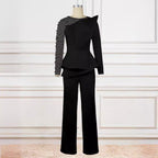 Damen eleganter Jumpsuit mit asymmetrischem Oberteil und raffiniertem Rüschendesign EB