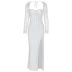 Damen Elegante Maxikleid mit transparenter Spitzenoberfläche und seitlichem Schlitz EB