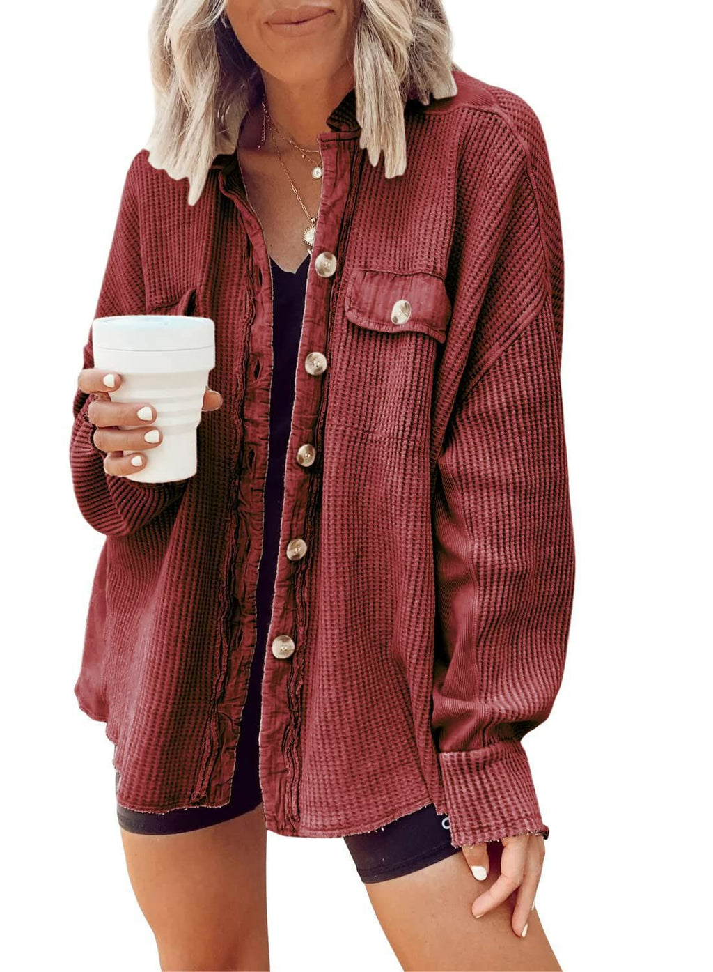 Damen Lässiges Overshirt mit Struktur und Druckknopfverschluss EB