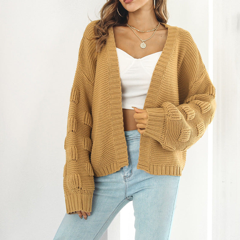 Damen Grobstrick Cardigan mit breiten Ärmeln und V-Ausschnitt EB