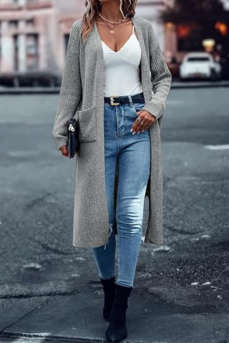Damen Langer Strickmantel mit strukturiertem Design und praktischen Taschen EB