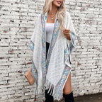 Damen eleganter Poncho mit hochwertigem Strukturdesign und Fransen EB