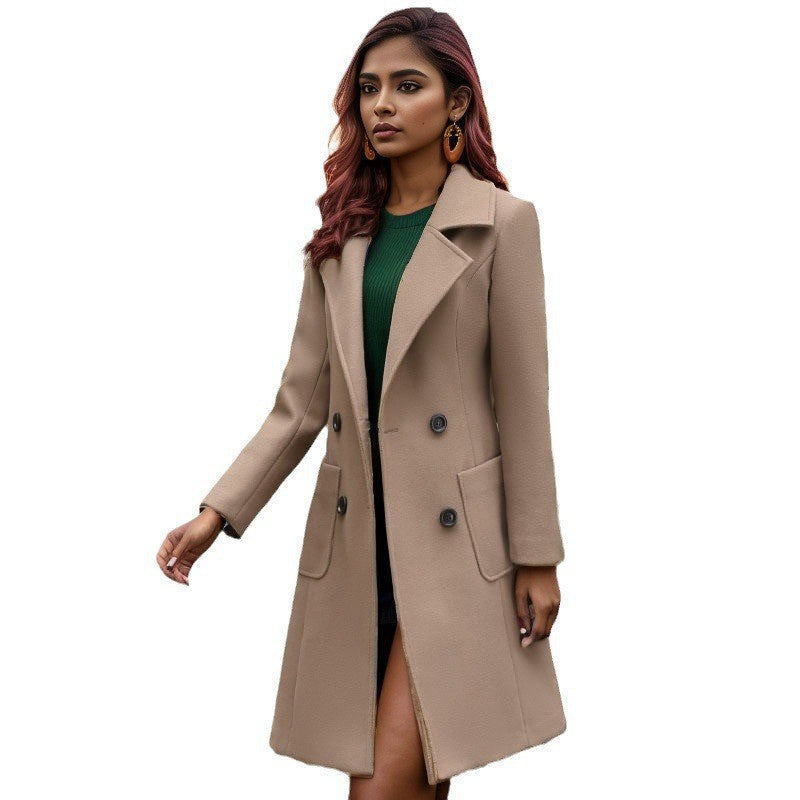 Damen eleganter Wollmantel mit doppelter Knopfreihe und praktischen Taschen EB