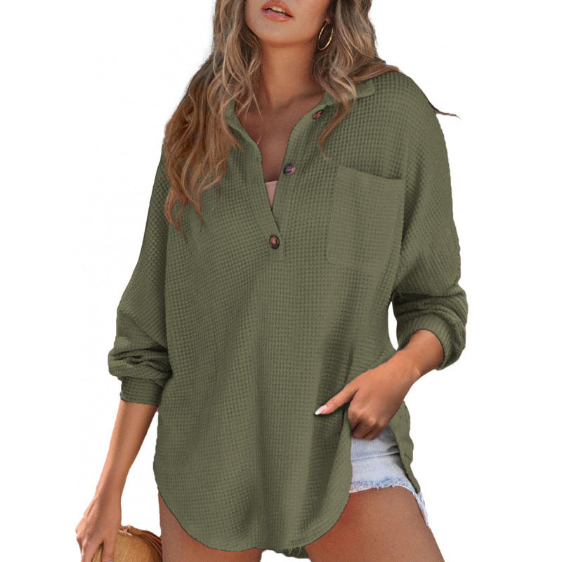 Damen lässiges Waffle-Shirt mit Stehkragen und Knopfleiste EB