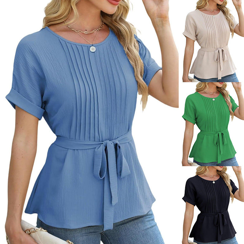 Damen elegante Bluse mit Falten-Design und Taillengürtel EB