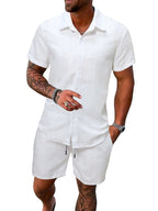 Leichtes Herren-Kurzarmhemd mit offenem Kragen und passender Shorts aus strukturiertem Baumwollmix