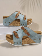 Damen bequeme Wedge-Pantoletten mit dekorativen Riemchen und korkgesunder Sohle EB