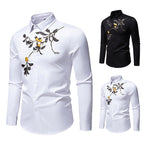 Herren elegantes Langarmhemd mit floraler Stickerei EB
