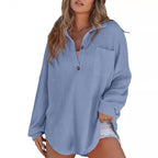 Damen lässiges Waffle-Shirt mit Stehkragen und Knopfleiste EB