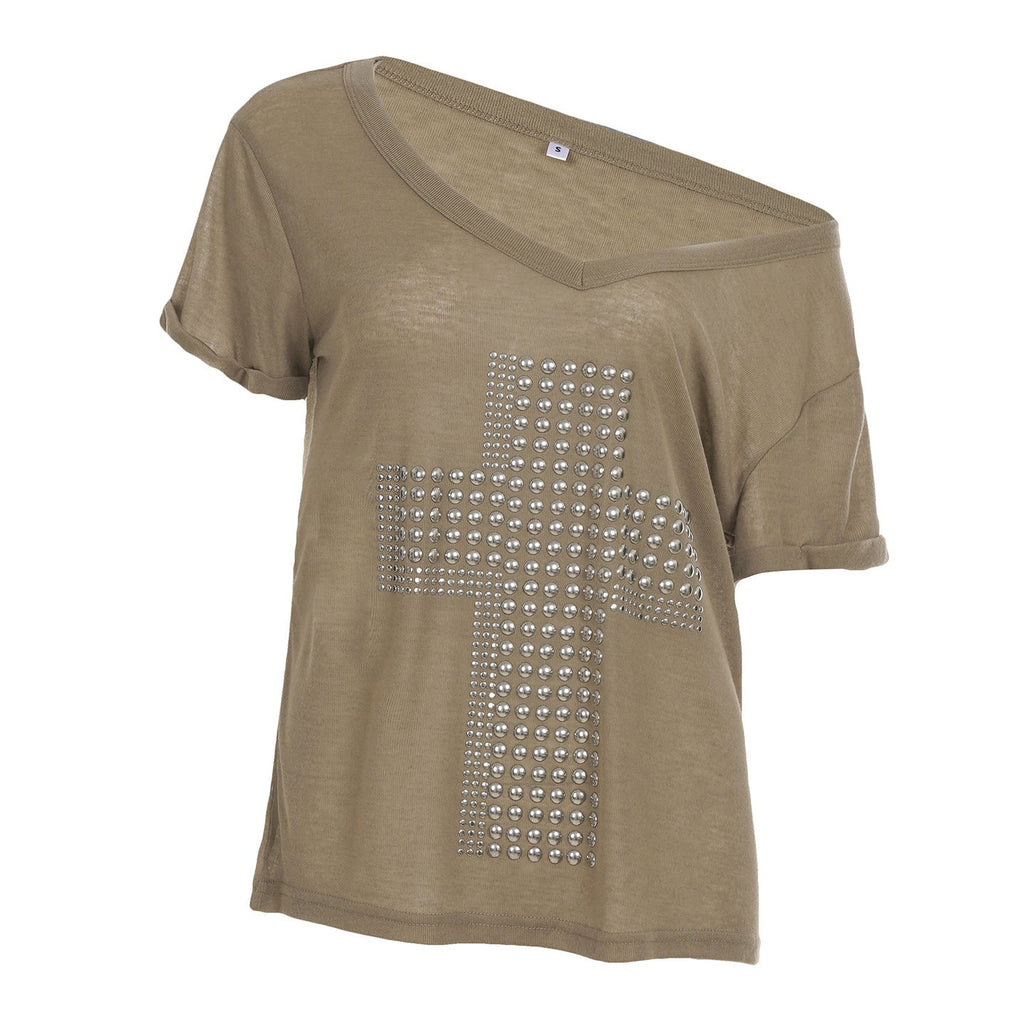 Damen stylisches Oversized T-Shirt mit Kreuz-Print und Glitzerdetails EB