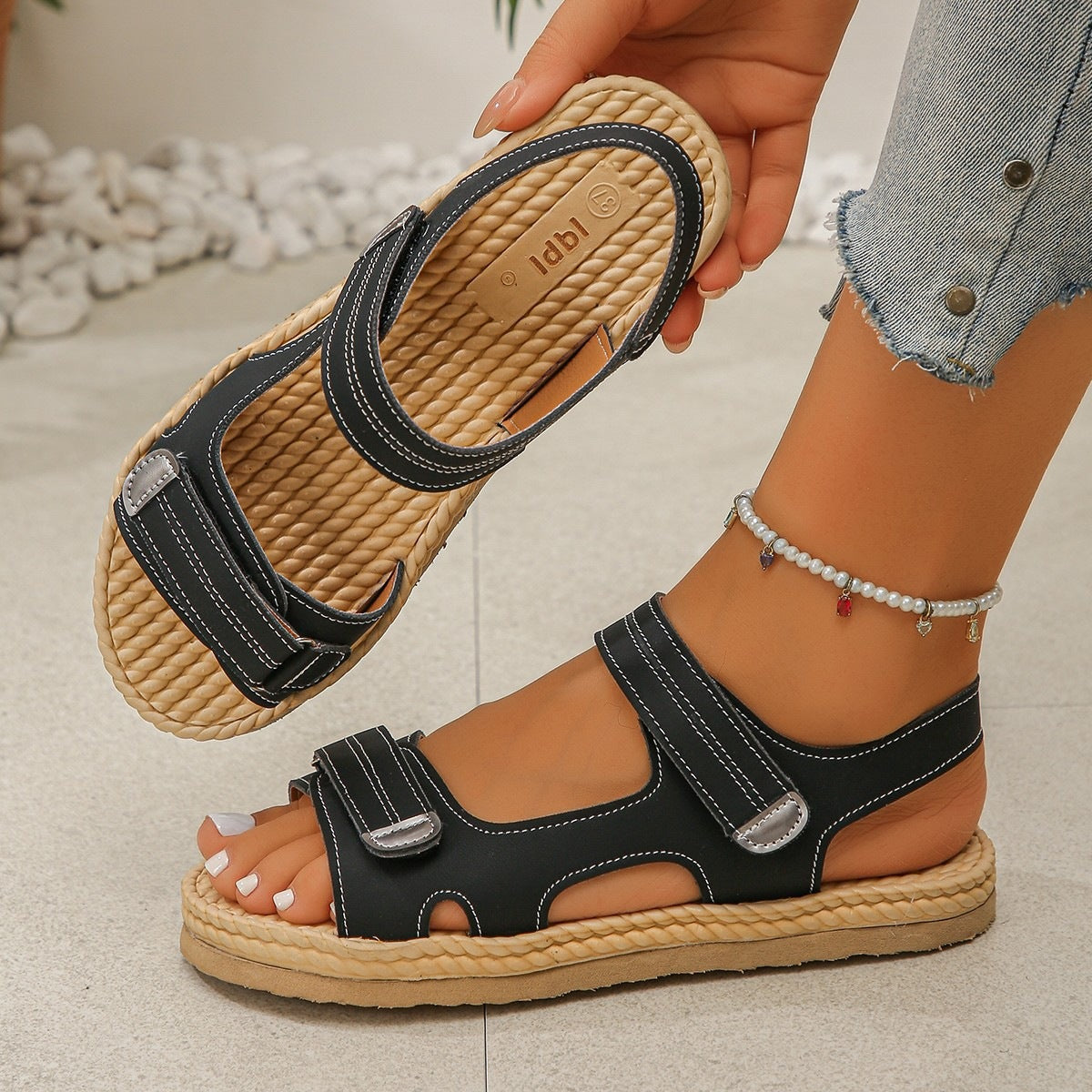 Damen Bequeme Riemchen-Sandalen mit verstellbaren Klettverschlüssen EB