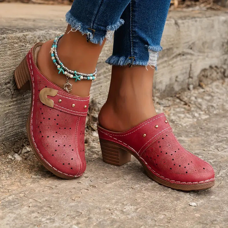 Damen elegante Clogs mit modischem Blumendesign und geschmackvoller Schnalle EB