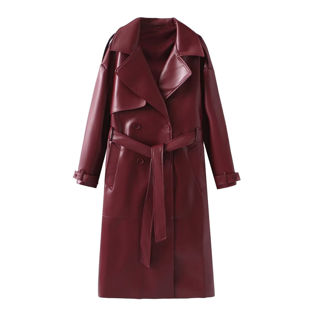 Damen Kunstleder-Trenchcoat mit elegantem Schnitt und taillierbarem Gürtel EB