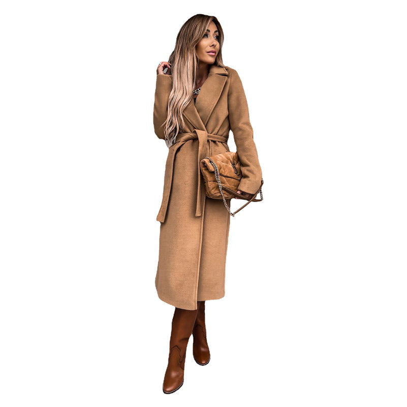 Damen Eleganter Wollmantel mit Taillengürtel und Schlitzdetails EB