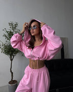 Damen nan kurzes Reißverschluss-Cropped-Hoodie und weitgeschnittene Highwaist-Loungehose Set EB