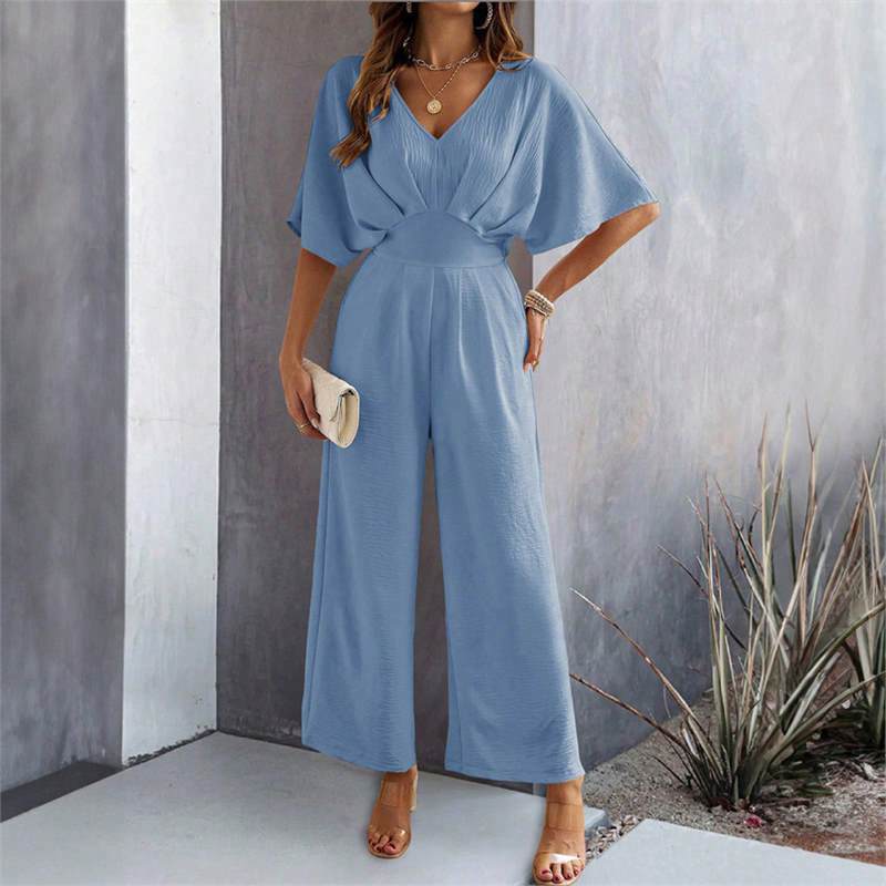 Damen Eleganter Jumpsuit mit weit geschnittenem Bein und schickem V-Ausschnitt EB