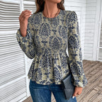 Damen Elegante Bluse mit raffiniertem Floral-Design und Puffärmeln EB