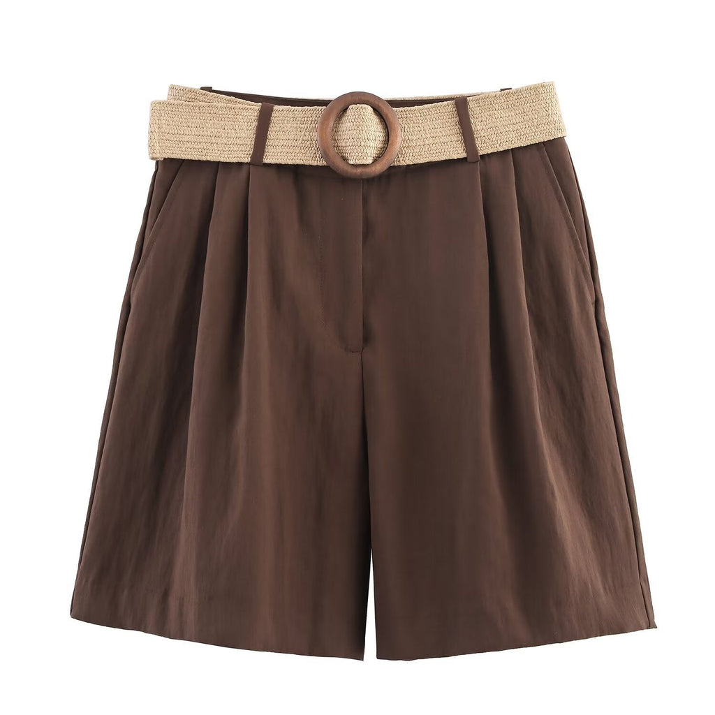 Damen elegante Shorts mit breitem, geflochtenem Gürtel EB