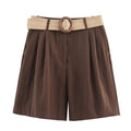 Damen elegante Shorts mit breitem, geflochtenem Gürtel EB