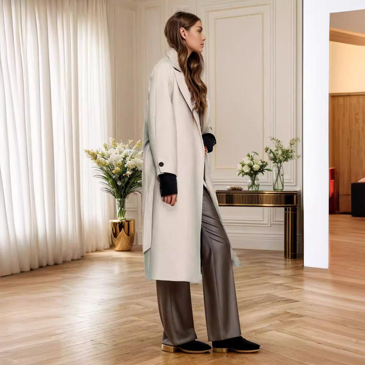 Damen eleganter Wollmantel mit Gürtel und weit geschnittenen Ärmeln EB
