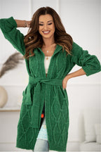 Damen Strickmantel mit Gürtel und modernem Zopfmuster EB