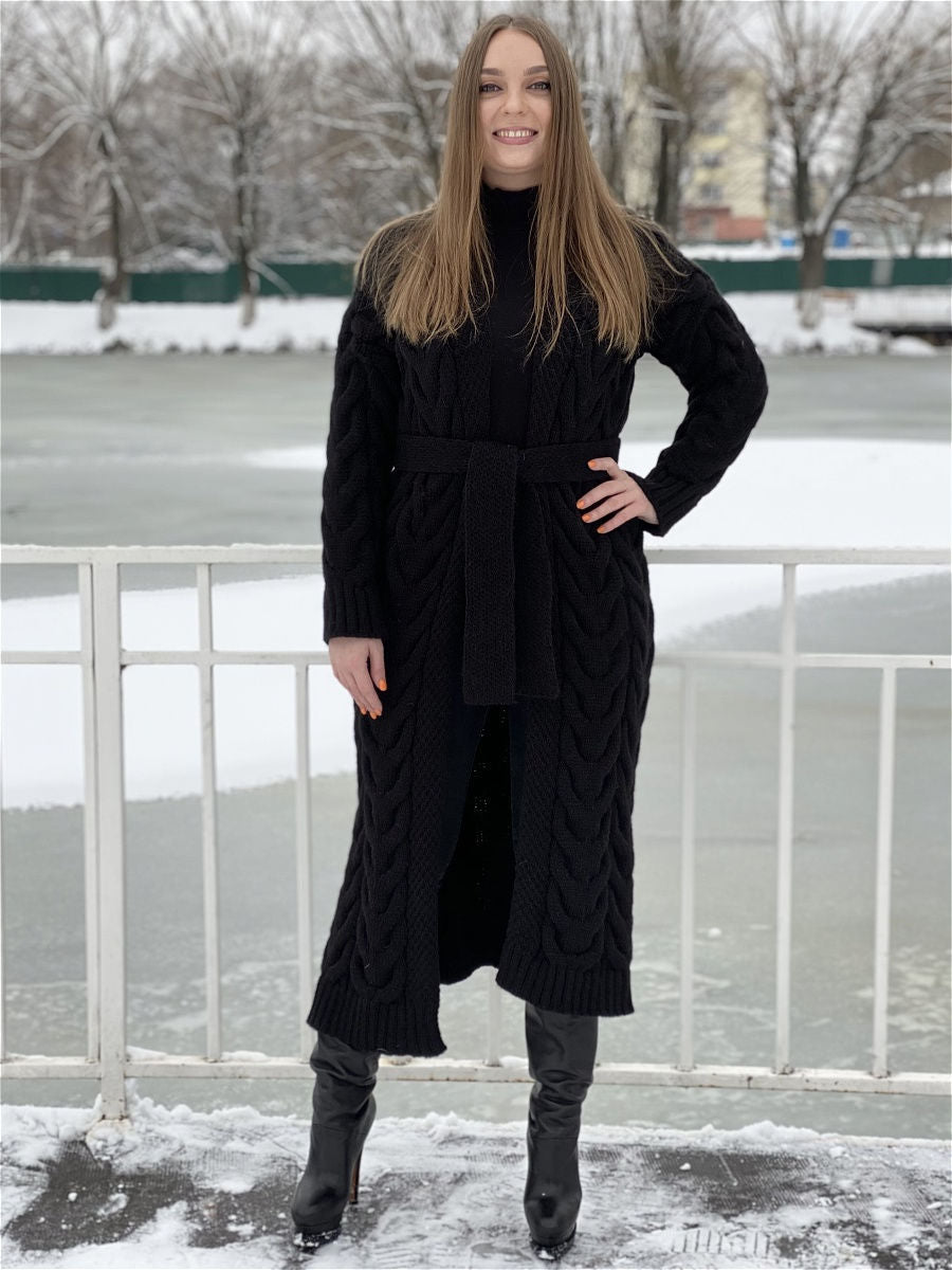 Damen Grobstrick-Mantel mit markantem Zopfdesign und offenem Schnitt EB