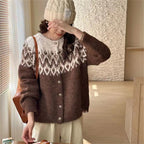 Damen Grobstrick Cardigan mit geometrischem Fair-Isle-Muster und eleganter Knopfleiste EB