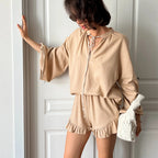 Damen stilvolles Blusenshorts-Set mit Rüschendetails EB