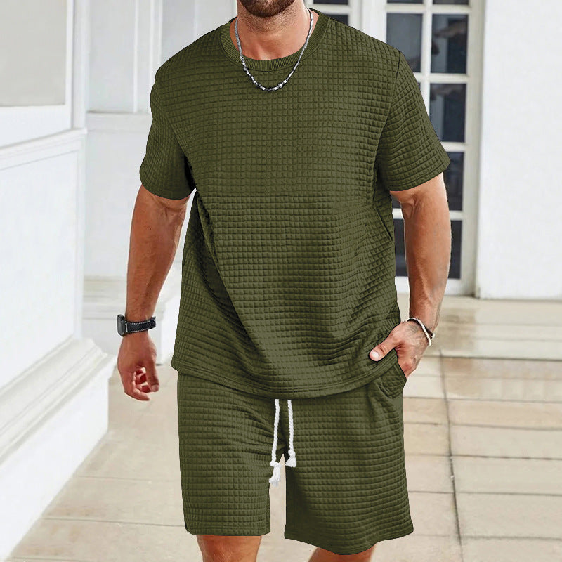 Herren nan Waffelstruktur Wohn- und Freizeit-Set mit weit geschnittenem Kurzarmshirt und kurzer Hose mit elastischem Bund EB