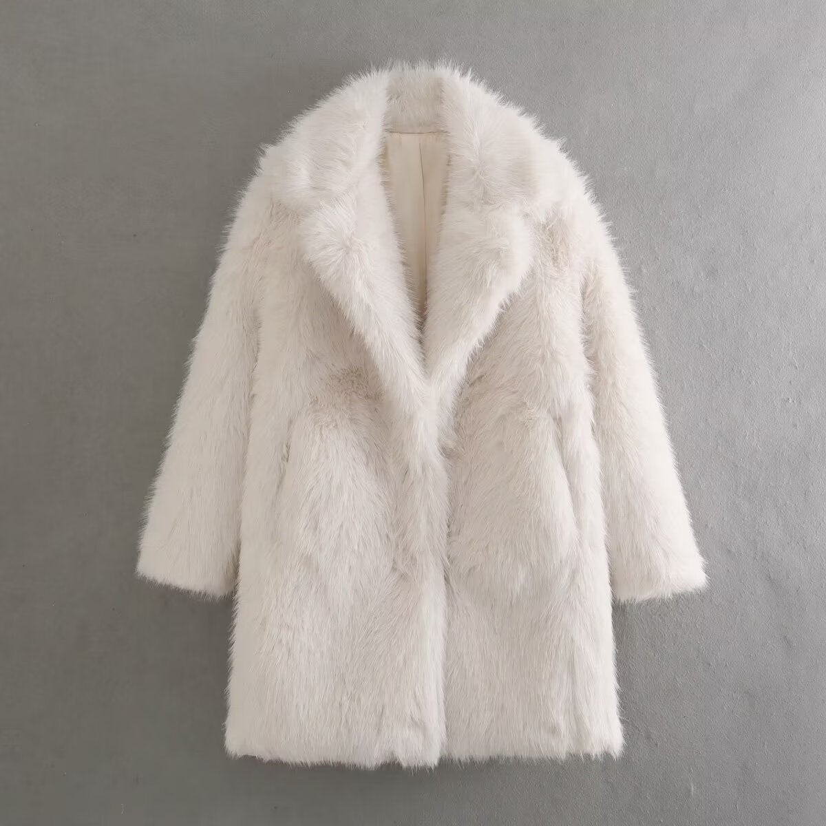 Damen Kunstfellmantel mit schickem Revers und tiefen Taschen EB
