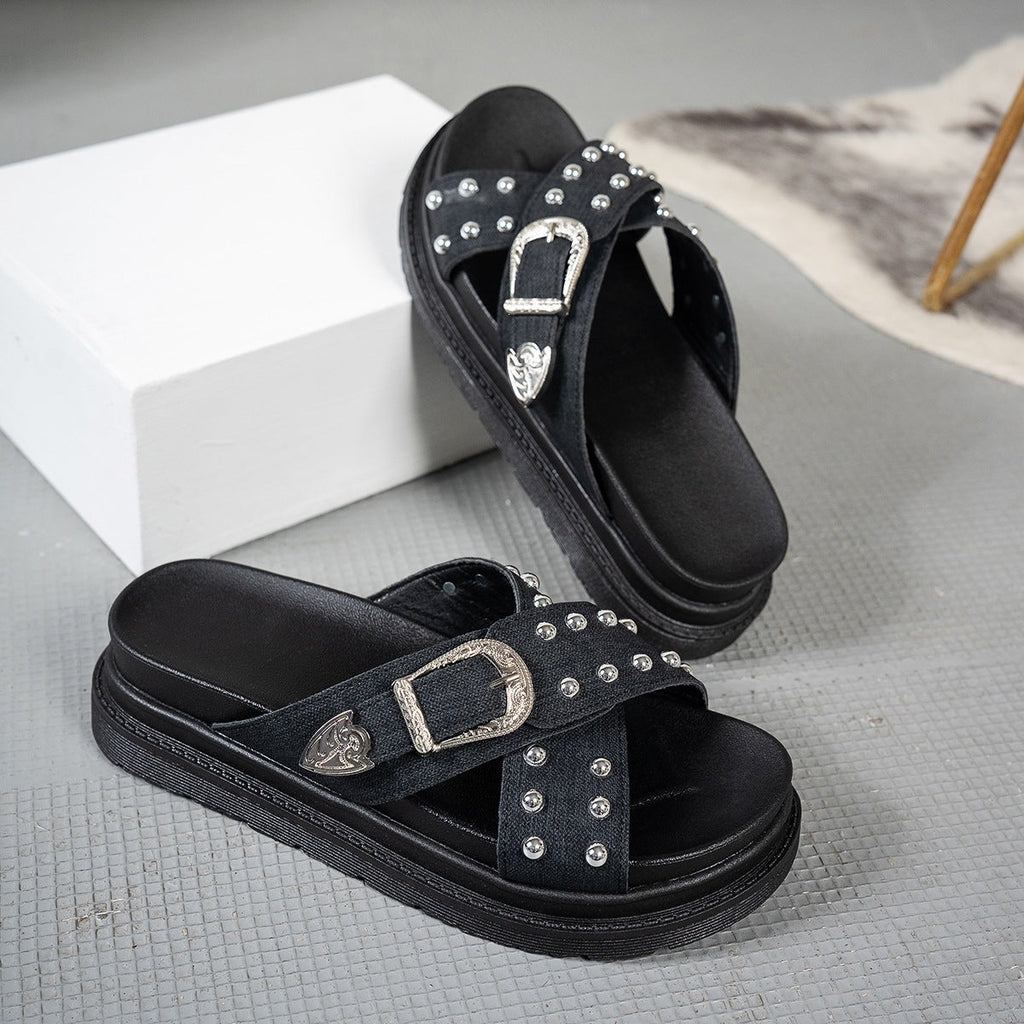 Damen Badesandalen mit modischem Riemendesign und eleganten Nieten EB