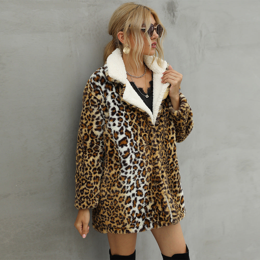 Damen Kunstfelljacke mit modischem Leopardenmuster und weichem Innenfutter EB