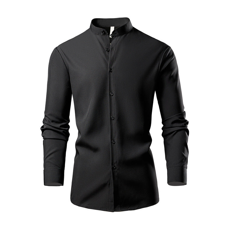 Herren elegantes Langarmhemd mit stehendem Kragen und modernen Knopfdetails EB