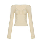 Damen nan tailliertes Langarmshirt mit tiefem V-Ausschnitt, Raffung und Schlüssel‑Cutout EB