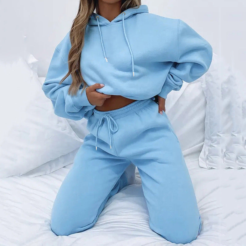 Damen nan Cropped Kapuzenjacke und High-Waist Jogginghose Set aus French Terry mit elastischem Bund EB