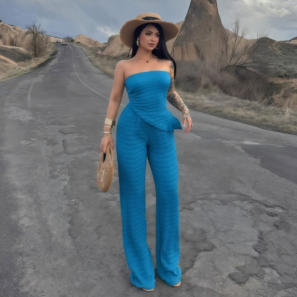 Damen eleganter Jumpsuit mit schulterfreiem Design und asymmetrischem Saum EB