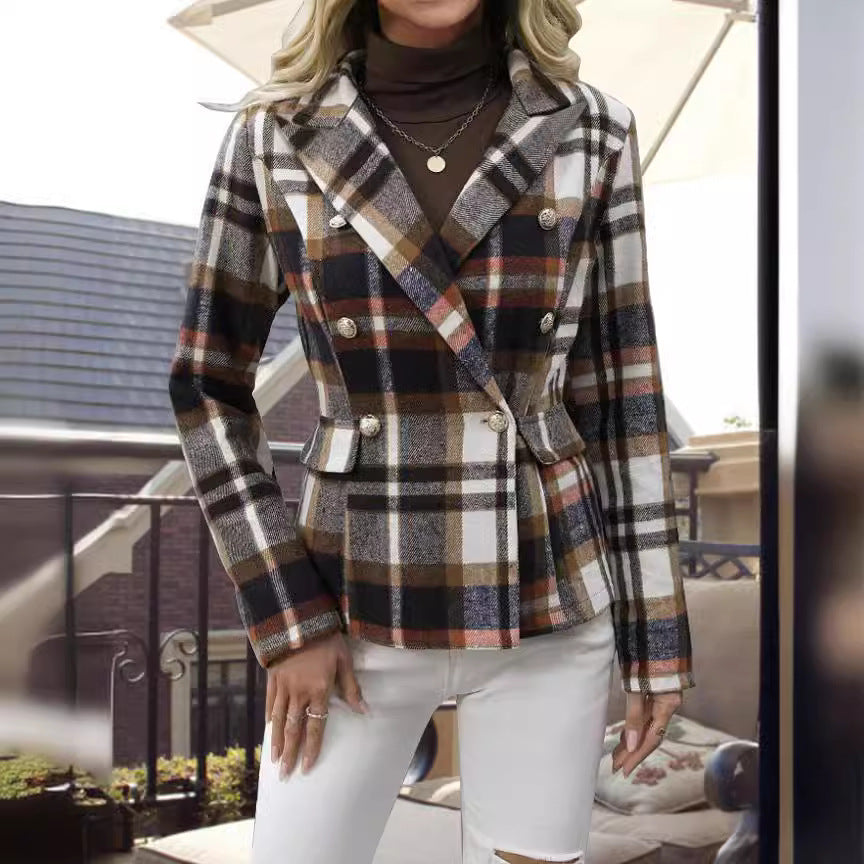 Damen kariertes Zweireiher-Blazerjacke mit eleganten Knopfdetails und maßgeschneidertem Schnitt EB