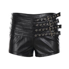 Damen Kunstleder Shorts mit dekorativen Schnallen und Schnürdetails EB