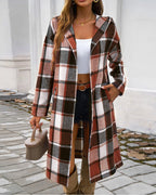 Damen Karomuster Longjacke mit Kapuze EB